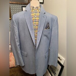 Alan Flusser Mens 46R Blue Sport Coat Blazer Cotton Silk Single Breasted